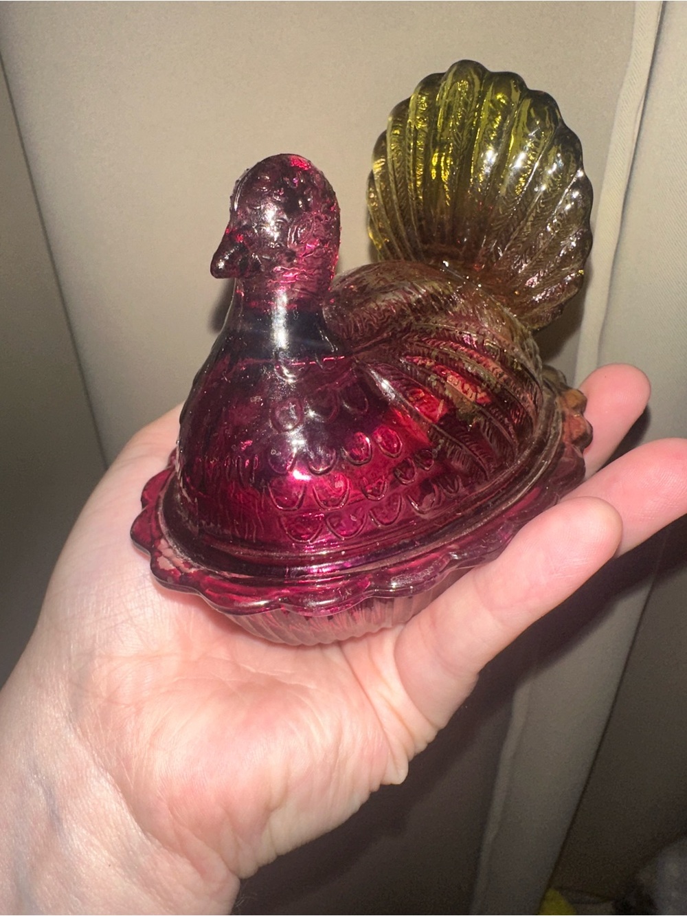 vintage Amberina glass turkey lidded dish turkey on nest gradient color